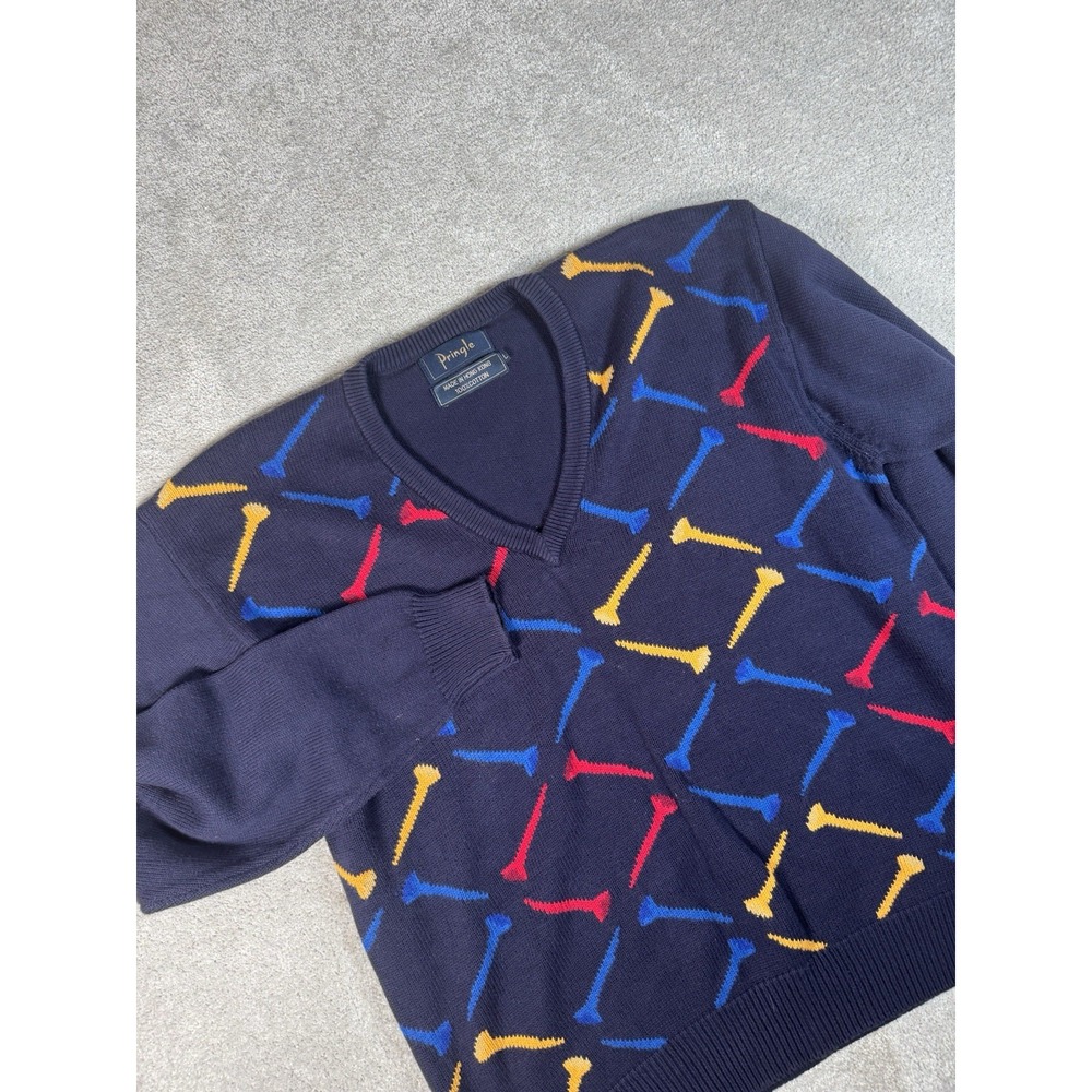 Vtg Pringle V Neck Sweater Mens L Blue Golf Tees Golfing Grandpa Preppy Oversize